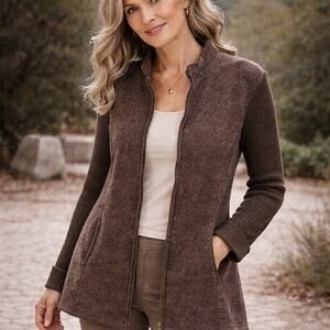 Carole Little Boiled Wool Jacket Womens XL Brown Full Zip Ribbed Sleeves